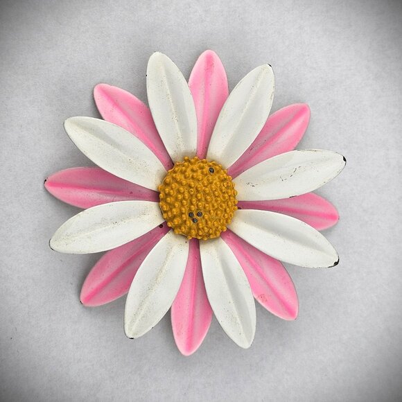 Estate Jewelry - Vintage Pink White Yellow Enamel Flower Daisy 2.75" Pin Brooch